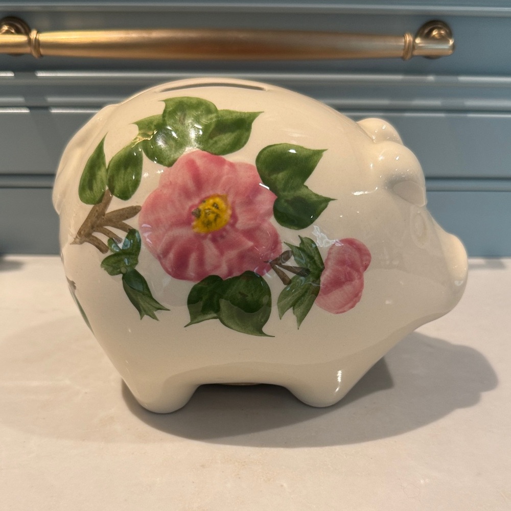 Vintage Francescan Desert Rose Pink and Green Floral Ceramic Piggy Bank